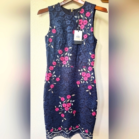 Dkny Dresses & Skirts - NWT DKNY Womens Embroidered Lace Sleeveless Floral Navy/Pink Dress Size 2